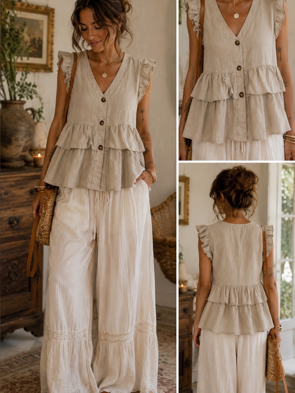 Cotton Linen Blend Ruffle Peplum Top – Cottagecore Boho Oversized Medium